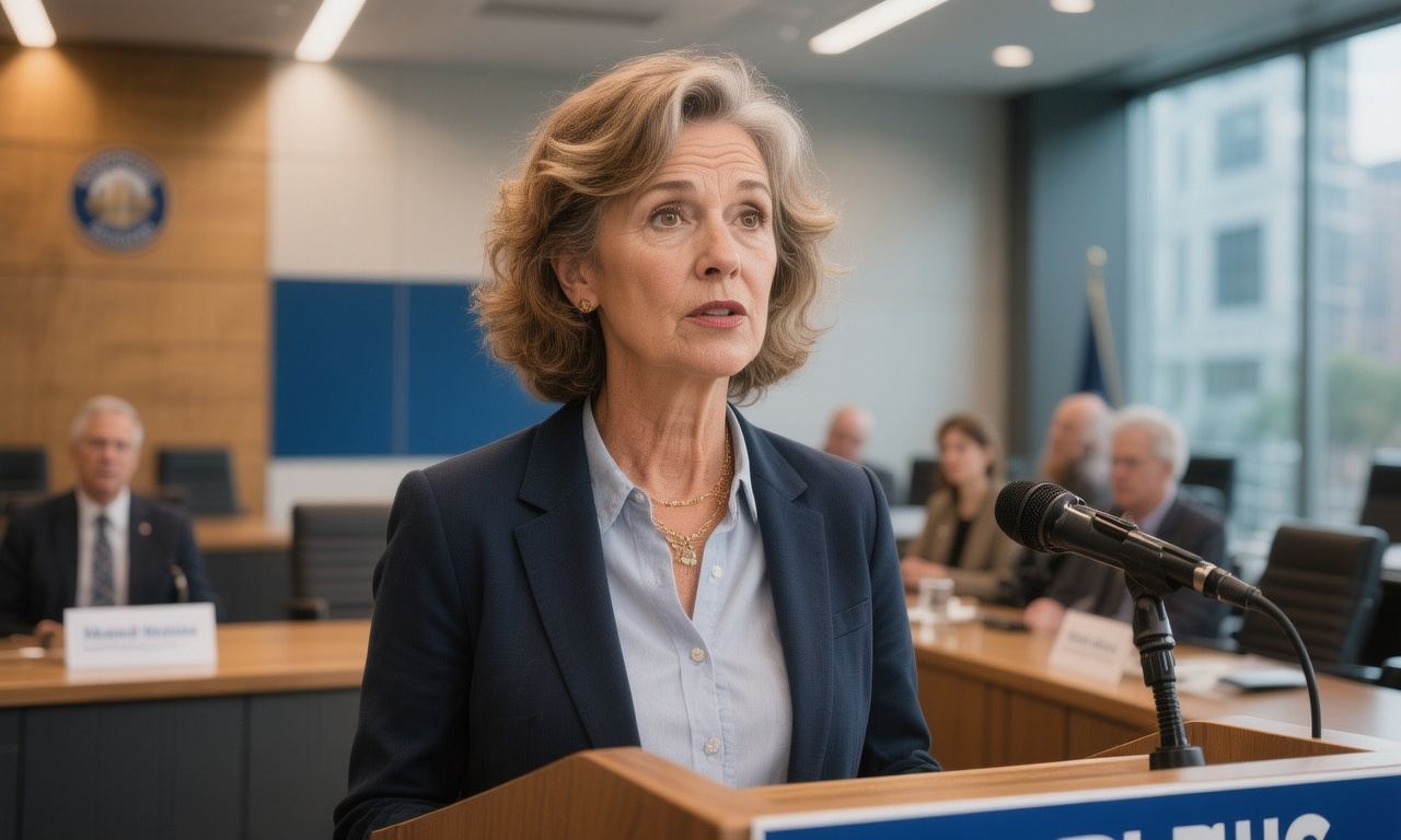 Executive speaker presenting with city skyline background