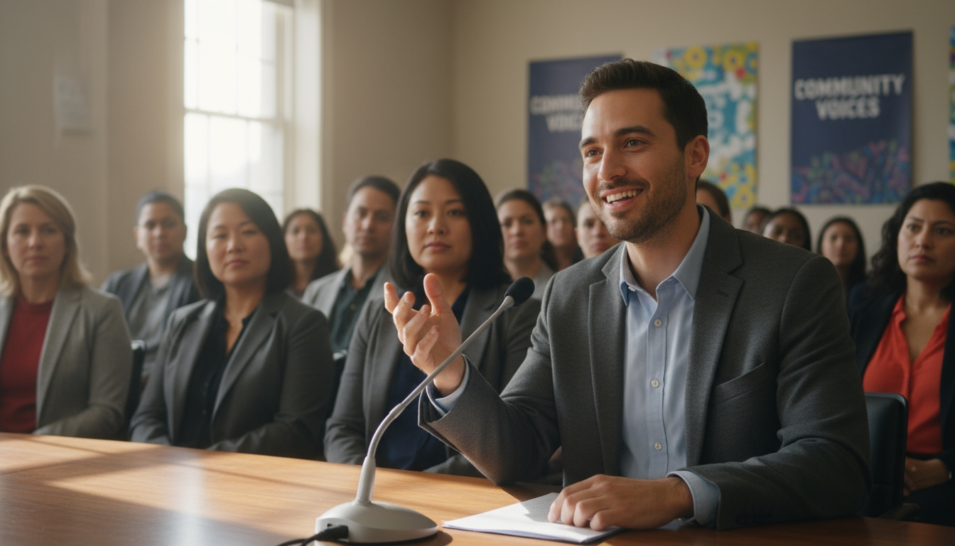 Audience attending a public hearing with multilingual support